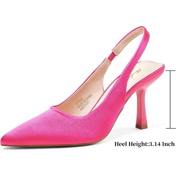 Women Pink Satin Pointed Closed Toe Slingback Mid Heels Stiletto Trendy Pumps - Picture 3 of 9